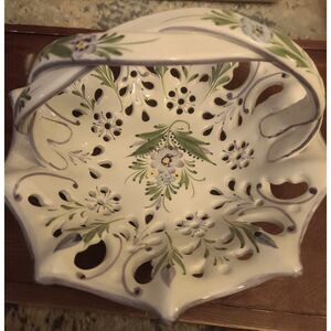 Hand Painted Purple Pansies‎ Ceramic Reticulated Basket Braided Handle Portugal